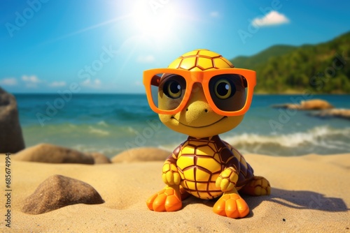 Illustration of turtle on the beach with sunglasses