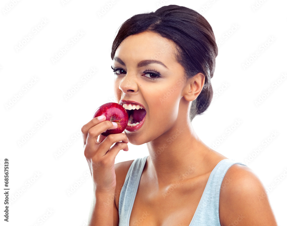 Woman, portrait and biting apple for natural nutrition or diet isolated on a transparent PNG background. Face of female person, vegetarian or model eating organic fruit, food or healthy snack or meal Woman, portrait and biting apple for natural nutrition or diet isolated on a transparent PNG background. Face of female person, vegetarian or model eating organic fruit, food or healthy snack or meal