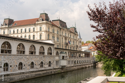 River Ljubljanica flowing through Ljubljana, Slovenia