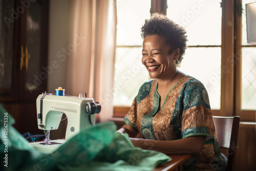 Portrait of a happy senior woman using sewing machine in her home photo