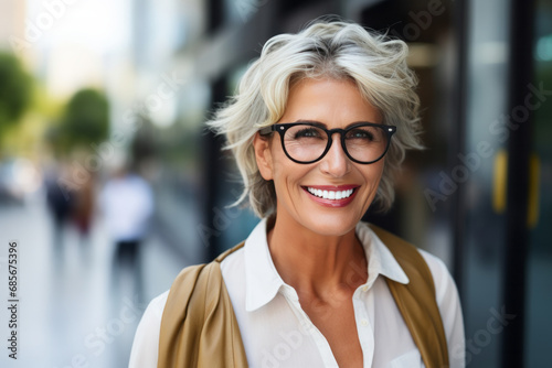 Portrait of a happy mature woman with eyeglasses in the city