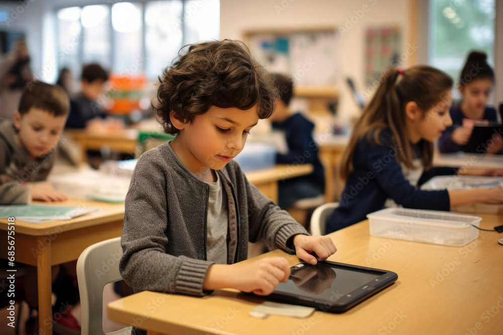 Cute little boy using tablet computer in elementary school classroom, shallow depth of field - obrazy, fototapety, plakaty 