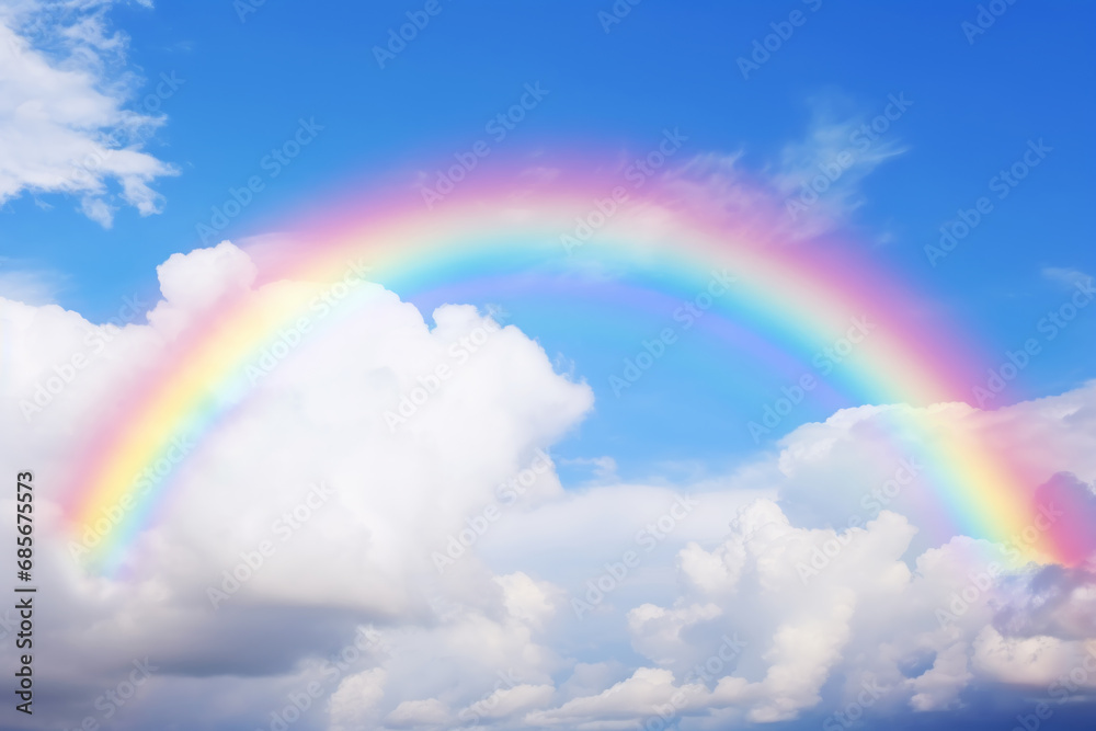 Seven-colored rainbow and clouds. Color scheme illustration in bright and pale colors. A concept suitable for hopes, desires, and wishes that will make your hopes and happiness come true.