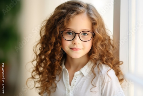 Portrait of a cute little girl with long curly hair wearing glasses