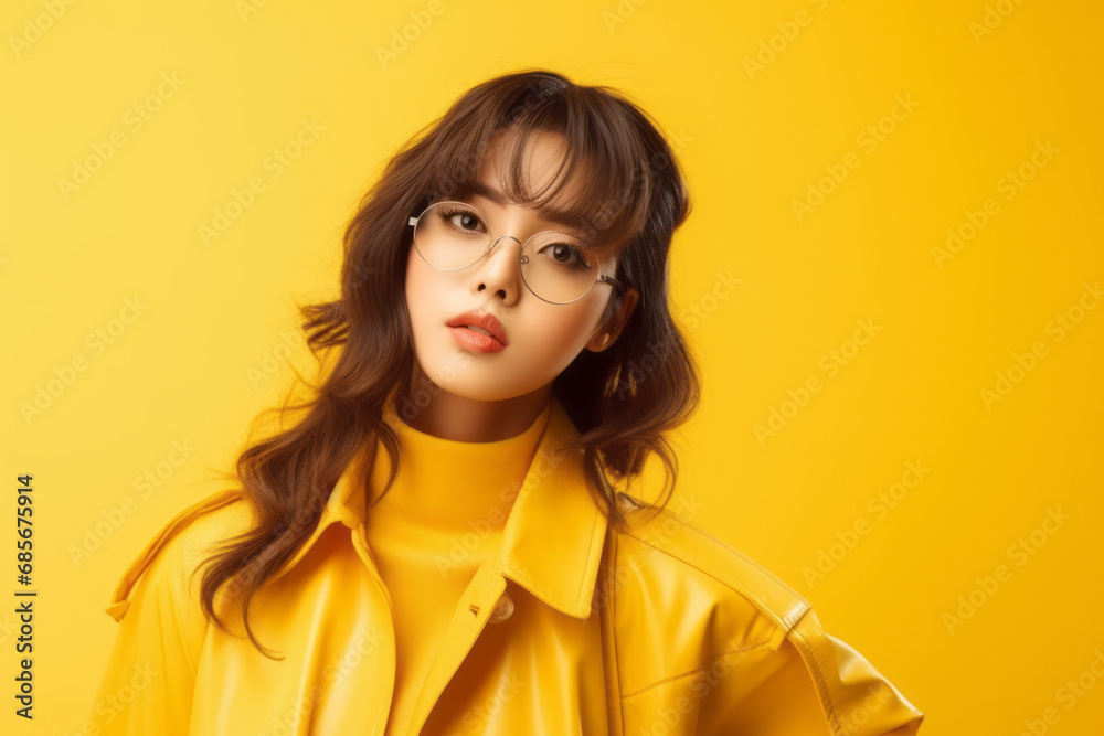 Portrait of beautiful young asian woman in yellow jacket on yellow background Portrait of beautiful young asian woman in yellow jacket on yellow background