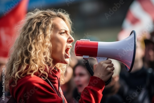 Portrait of a beautiful young woman protesting with a megaphone