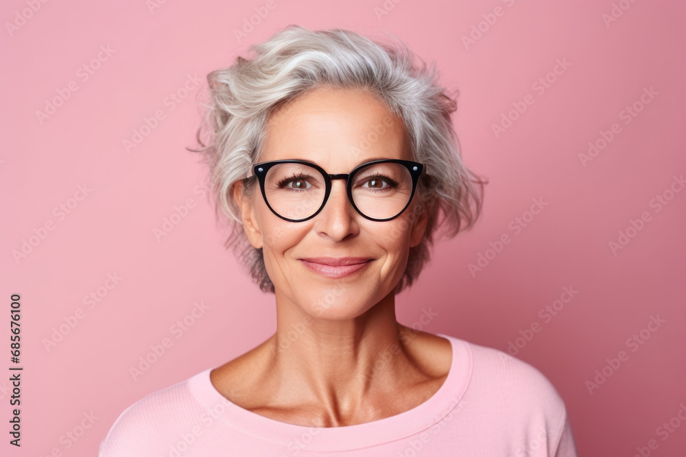 Portrait of a beautiful businesswoman in eyeglasses over pink background