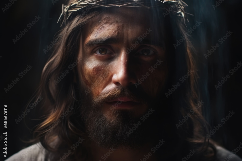 Close-up portrait of Jesus Christ with a crown of thorns