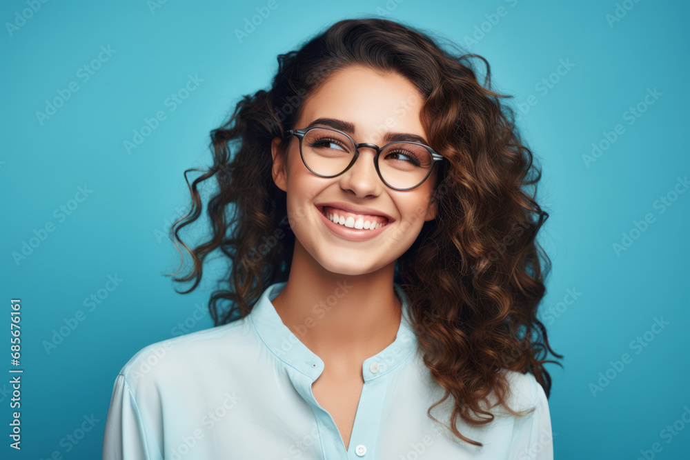 Portrait of a smiling young businesswoman with glasses on blue background