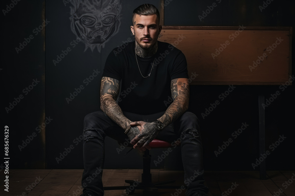 Handsome bearded man with tattooed arm sitting in leather chair and looking at camera Handsome bearded man with tattooed arm sitting in leather chair and looking at camera