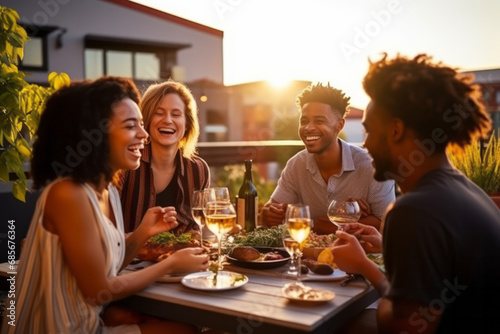 Group of friends having dinner together at a restaurant, eating pizza, drinking wine photo