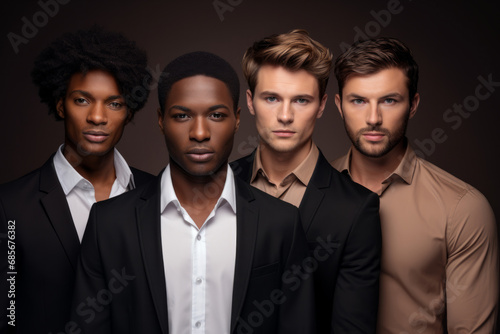 Group of young people with different skin tones. Men's beauty, fashion.