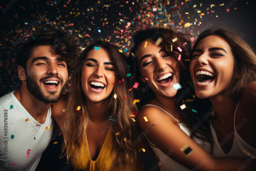 Group of friends having fun on the beach with confetti and balloons.