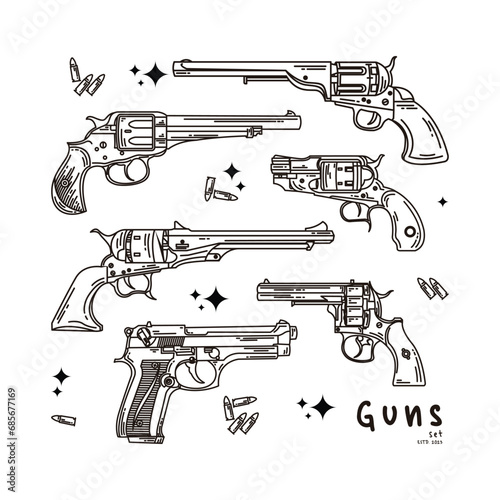 pistols and bullets illustration set