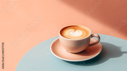 Cup of coffee on a colorful background. Copy space