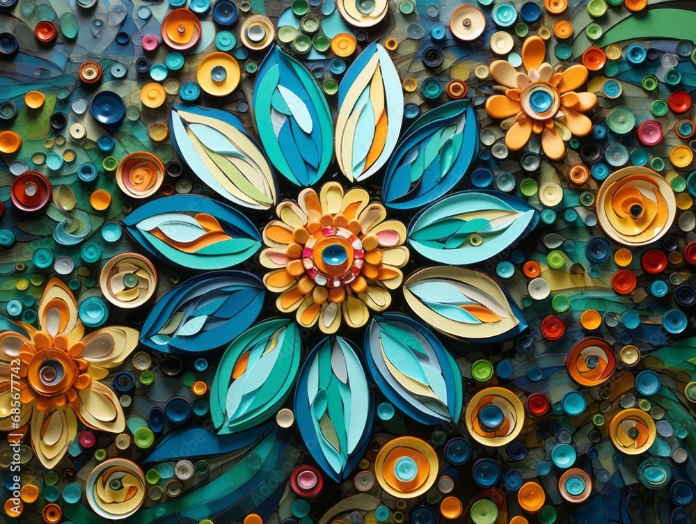 Vibrant Floral Symphony: Abstract Flower Painting with Dots, Light Emerald and Amber Palette, Wood Veneer Mosaics, Colorful Abstract Expressions, Mechanical Sculptures, Yellow and Indigo Hues Vibrant Floral Symphony: Abstract Flower Painting with Dots, Light Emerald and Amber Palette, Wood Veneer Mosaics, Colorful Abstract Expressions, Mechanical Sculptures, Yellow and Indigo Hues
