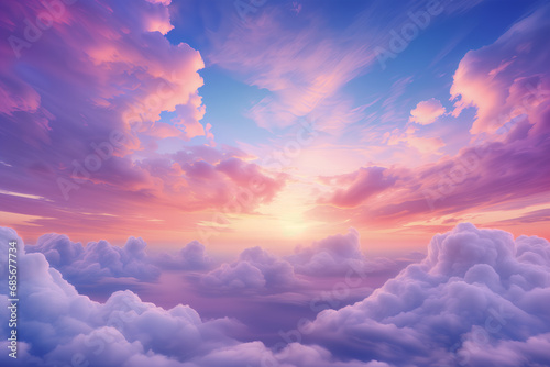 Fantasy cloudscape at sunset. Pink, blue and orange hues. Fluffy clouds. © Tori