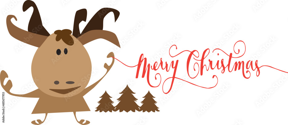 Merry Christmas greeting card with cute deer. Holiday cartoon character in winter season. Merry Christmas greeting card with cute deer. Holiday cartoon character in winter season.