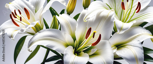 Detalle de lirios blancos para boda o concepto natural para SPA. Flores frescas de color blanco sobre fondo claro. Hecho con IA. photo