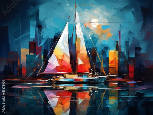 a painting of a sailboat under sail, with colorful lights and blue sky, in the style of abstract geometric compositions, cityscape abstraction, dark cyan and red, calligraphic abstractions photo