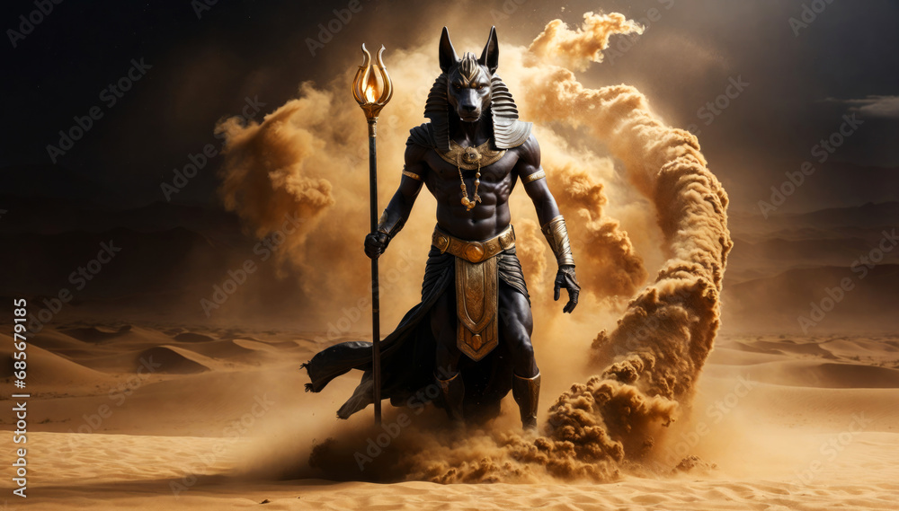 The Egyptian god Anubis triggers a sandstorm. - obrazy, fototapety, plakaty 
