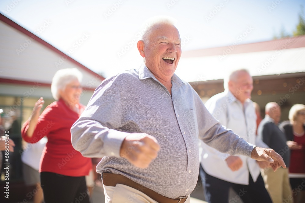 Experience the lively spirit of seniors in a candid dance—vibrant, joyful, and full of vitality. This image celebrates companionship and an active lifestyle, defining the essence of retirement Experience the lively spirit of seniors in a candid dance—vibrant, joyful, and full of vitality. This image celebrates companionship and an active lifestyle, defining the essence of retirement