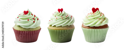 Set of Green Cupcake Muffins with Heart Design on Top for Valentine’s Day: Mockup Template, Isolated on Transparent Background, PNG