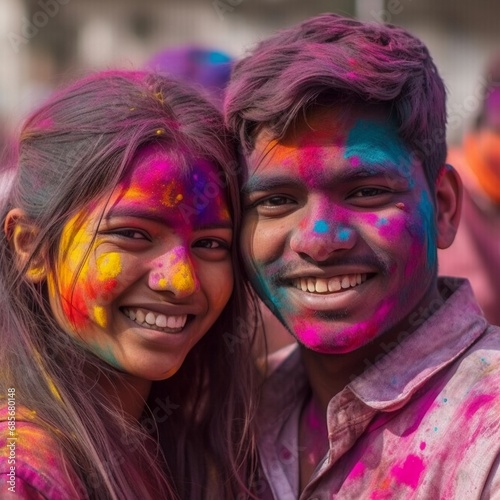 portrait of smiling young couple with colorful face and sunglass on Holi