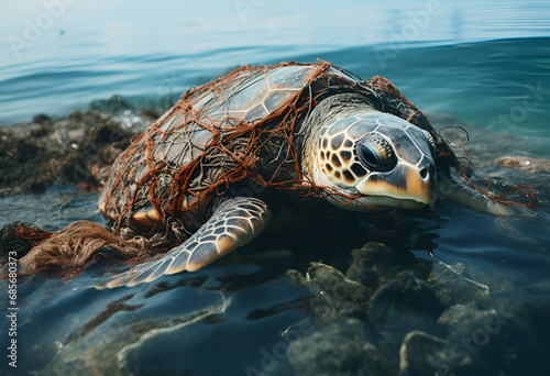 Dead turtle in fishing nets © kdcreativeaivisions