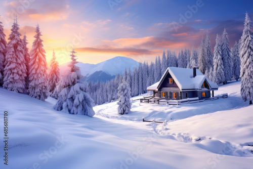 Winter mountain landscape with a house © Venka