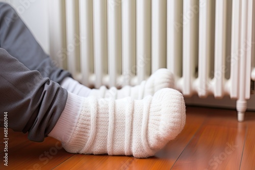 Warming Feet on White Radiator, Man Warms his Feet at Home, Cold Winter, Expensive Electricity Saving Concept photo