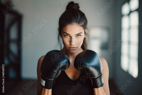 Focused female boxer ready to train. Concept of strength and determination. © Anna