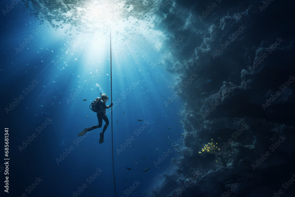 A diver descends along a rope into the deep blue sea, surrounded by rays of sunlight and small fish. Summer leisure concept - obrazy, fototapety, plakaty 
