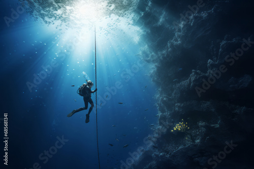 A diver descends along a rope into the deep blue sea, surrounded by rays of sunlight and small fish. Summer leisure concept