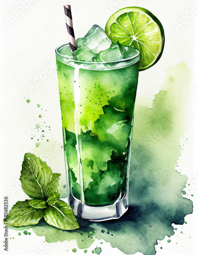 Watercolor painting mojito cocktailwith lime and minth