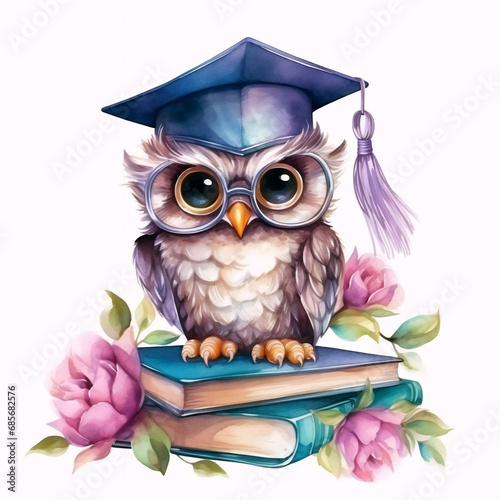 In a watercolor-inspired scene  an owl with a graduate cap sits on a pile of books  offering a delightful and scholarly touch  perfect for educational themes.