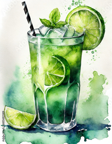 Watercolor painting mojito cocktailwith lime and minth