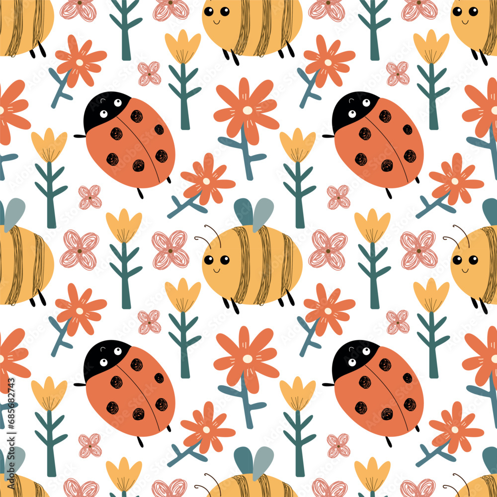 Fototapeta premium Seamless children's pattern. Cute insects bee and ladybug bright flowers