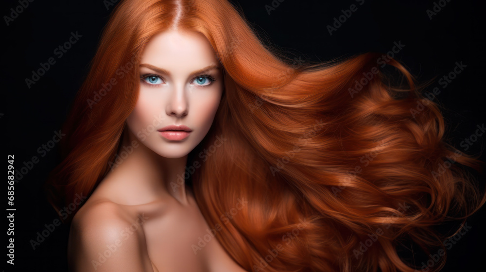 Beautiful woman with long wavy coloring hair on orange background