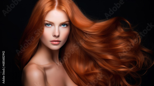 Beautiful woman with long wavy coloring hair on orange background