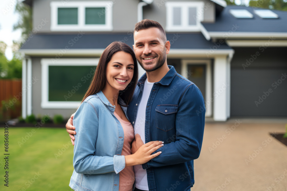happy young couple hugging and looking at camera in front of new house happy young couple hugging and looking at camera in front of new house