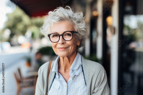 senior woman with eyeglasses walking in the city at autumn