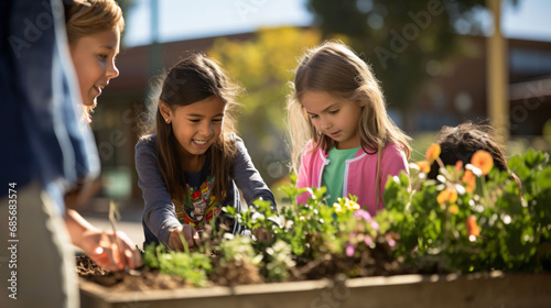 A group of children are digging in the dirt in a wooden planting box