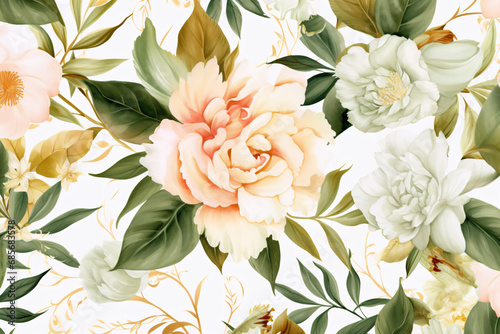 Watercolor floral border wreath with green leaves, pink peach blush and flower branches