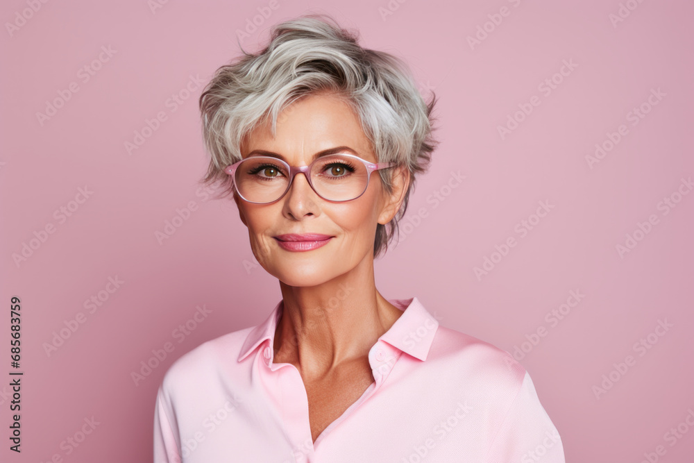 Portrait of a beautiful businesswoman in eyeglasses over pink background