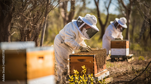 Beekeepers collect honey from boxes photo