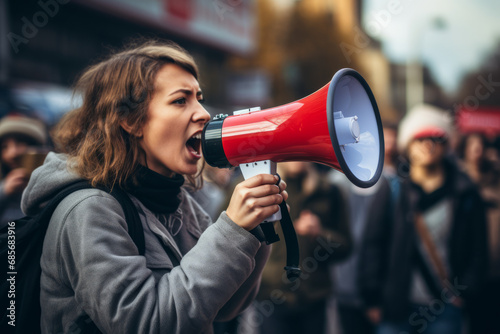 Portrait of a beautiful young woman protesting with a megaphone