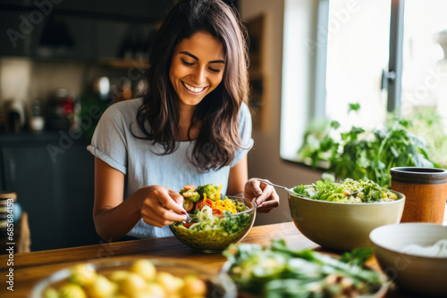 Smiling young woman preparing salad in the kitchen at home. Healthy food, vegetarian and dieting concept © koala studio