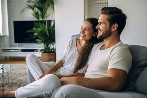 Cheerful young couple using laptop while sitting on sofa at home