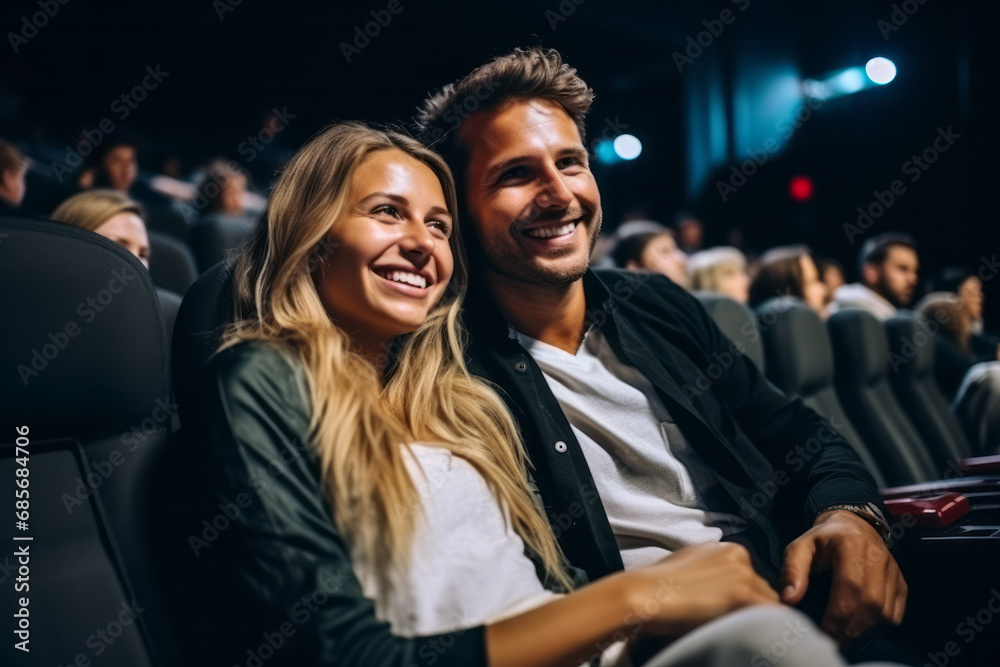 cinema, entertainment and people concept - happy couple watching movie in cinema